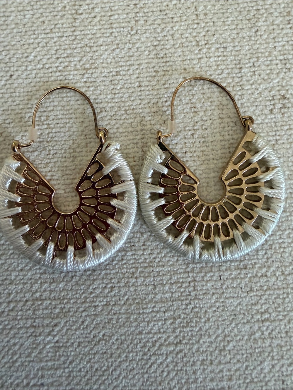 Gold-Tone Hoop Earrings with Cream Thread Accent